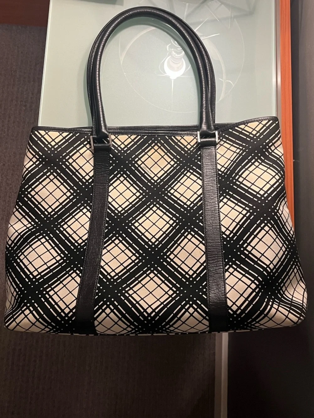 Gucci Centennial black & white canvas and leather trim tote